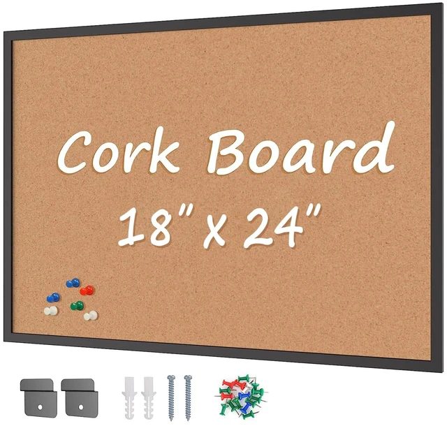 Main image of Cork Board Bulletin Board 24 x 18, Black Wood Framed Corkboard, Office Board for Wall Cork, Large Wall Mounted Notice Pin Board with 16 Push Pins for School, Home & Office