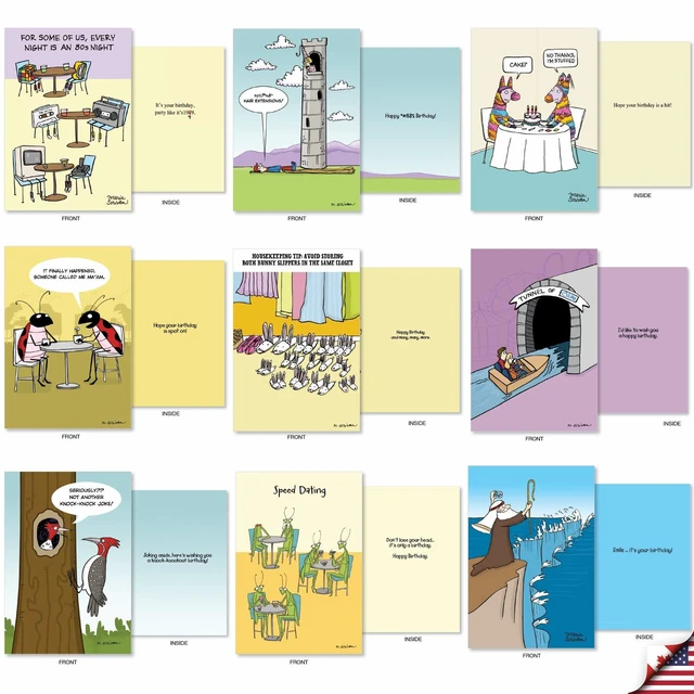 Alt view image 2 of 6 - 36 Funny Birthday Cards Box Rich Celebrations AC7741BDG-B1x36 Hilarious Cartoon Notecard Assortment w/ Envelopes for Men and Women Variety Pack Greeting Stationery Set