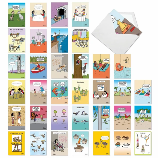 Main image of 36 Funny Birthday Cards Box Rich Celebrations AC7741BDG-B1x36 Hilarious Cartoon Notecard Assortment w/ Envelopes for Men and Women Variety Pack Greeting Stationery Set