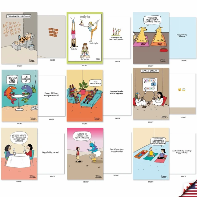 Alt view image 3 of 6 - 36 Funny Birthday Cards Box Rich Celebrations AC7741BDG-B1x36 Hilarious Cartoon Notecard Assortment w/ Envelopes for Men and Women Variety Pack Greeting Stationery Set