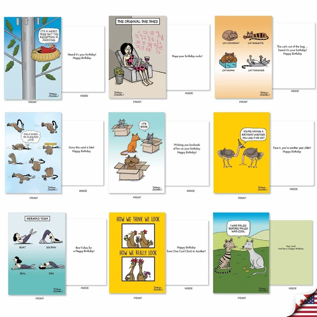 Alt view image 5 of 6 - 36 Funny Birthday Cards Box Rich Celebrations AC7741BDG-B1x36 Hilarious Cartoon Notecard Assortment w/ Envelopes for Men and Women Variety Pack Greeting Stationery Set