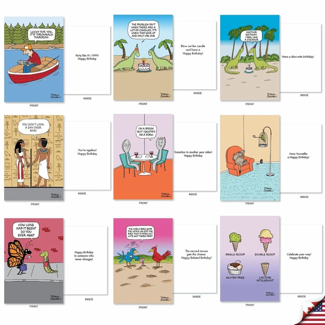 Alt view image 4 of 6 - 36 Funny Birthday Cards Box Rich Celebrations AC7741BDG-B1x36 Hilarious Cartoon Notecard Assortment w/ Envelopes for Men and Women Variety Pack Greeting Stationery Set