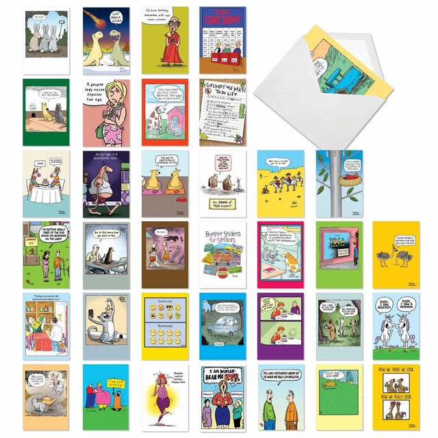 Main image of 36 Funny Retro Birthday Cards Box Cartoon Party AC9374BDG-B1x36 Hilarious Notecard Assortment w/ Envelopes for Men and Women Mixed Humor Variety Pack Vintage Greeting Set