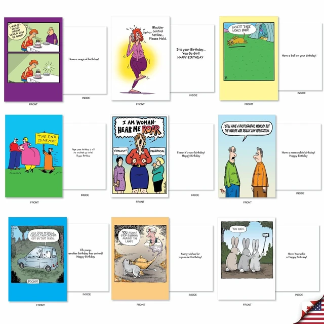 Alt view image 5 of 6 - 36 Funny Retro Birthday Cards Box Cartoon Party AC9374BDG-B1x36 Hilarious Notecard Assortment w/ Envelopes for Men and Women Mixed Humor Variety Pack Vintage Greeting Set