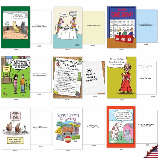 Alt view image 2 of 6 - 36 Funny Retro Birthday Cards Box Cartoon Party AC9374BDG-B1x36 Hilarious Notecard Assortment w/ Envelopes for Men and Women Mixed Humor Variety Pack Vintage Greeting Set