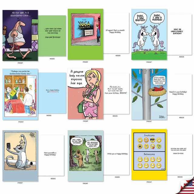 Alt view image 4 of 6 - 36 Funny Retro Birthday Cards Box Cartoon Party AC9374BDG-B1x36 Hilarious Notecard Assortment w/ Envelopes for Men and Women Mixed Humor Variety Pack Vintage Greeting Set