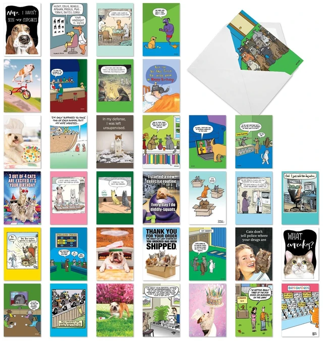 Main image of 36 Card Birthday Cats & Dogs Funny Pet Party AC10799BDG-B1x36 Animal Dog Cat Humor Notecards w/ Envelopes Bulk Variety Pack Gift for Men & Women Celebration