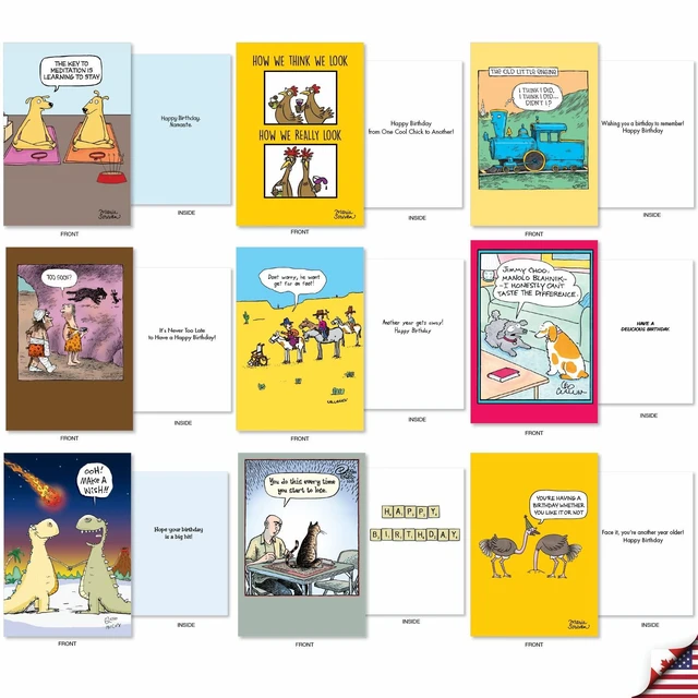 Alt view image 3 of 6 - 36 Funny Retro Birthday Cards Box Cartoon Party AC9374BDG-B1x36 Hilarious Notecard Assortment w/ Envelopes for Men and Women Mixed Humor Variety Pack Vintage Greeting Set