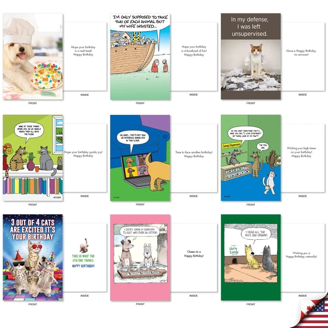 Alt view image 3 of 5 - 36 Card Birthday Cats & Dogs Funny Pet Party AC10799BDG-B1x36 Animal Dog Cat Humor Notecards w/ Envelopes Bulk Variety Pack Gift for Men & Women Celebration