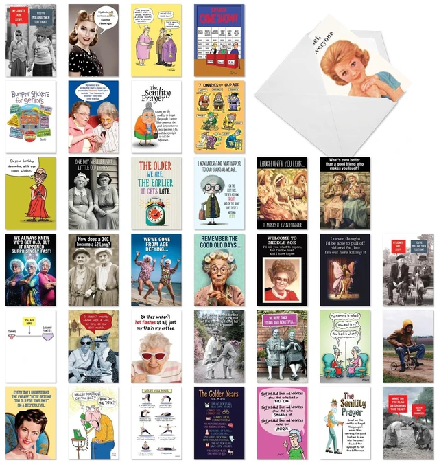 Main image of 36 Funny Card Birthday Getting Old Men & Women AC10798BDG-B1x36 Funny Humor Aging Notecards w/ Envelopes Bulk Variety Pack Gift Idea Assorted Design