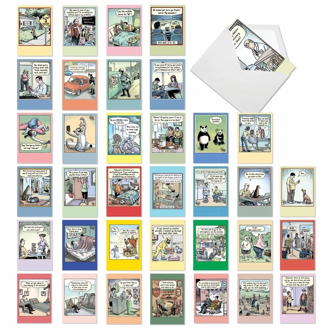 Main image of 36 Funny Birthday Cards Box Bizarro Bash Piraro AC9376BDG-B1x36 Hilarious Cartoon Notecard Assortment w/ Envelopes for Men and Women Variety Pack Bday Greeting Stationery Set