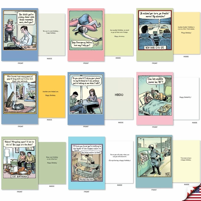 Alt view image 2 of 5 - 36 Funny Birthday Cards Box Bizarro Bash Piraro AC9376BDG-B1x36 Hilarious Cartoon Notecard Assortment w/ Envelopes for Men and Women Variety Pack Bday Greeting Stationery Set