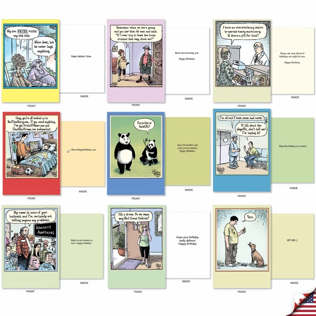 Alt view image 3 of 5 - 36 Funny Birthday Cards Box Bizarro Bash Piraro AC9376BDG-B1x36 Hilarious Cartoon Notecard Assortment w/ Envelopes for Men and Women Variety Pack Bday Greeting Stationery Set