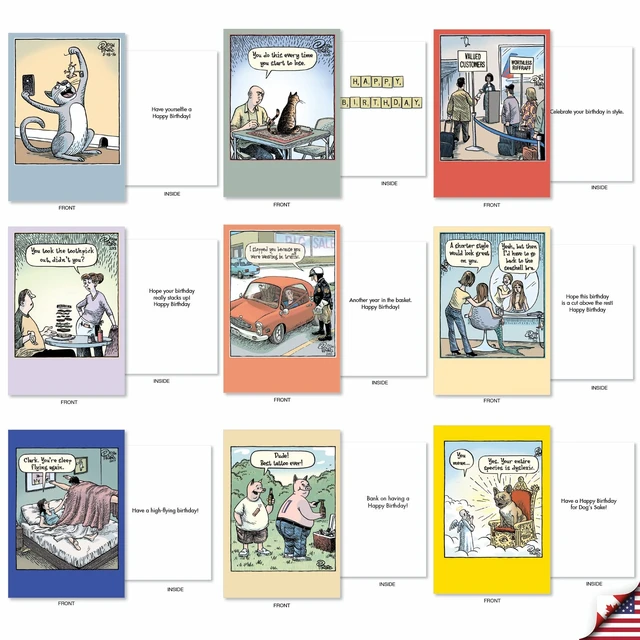Alt view image 4 of 5 - 36 Funny Birthday Cards Box Bizarro Bash Piraro AC9376BDG-B1x36 Hilarious Cartoon Notecard Assortment w/ Envelopes for Men and Women Variety Pack Bday Greeting Stationery Set