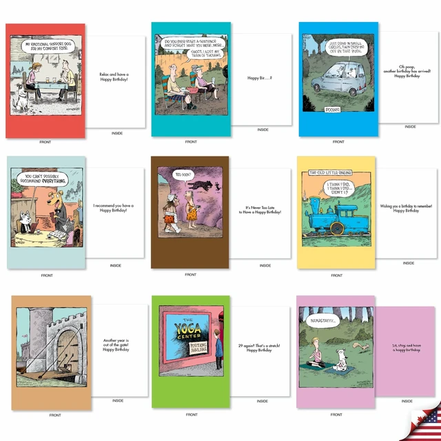 Alt view image 5 of 5 - 36 Funny Birthday Cards Box Dave Coverly Cake AC9375BDG-B1x36 Hilarious Cartoon Notecard Assortment w/ Envelopes for Men and Women Variety Pack Greeting Stationery Set