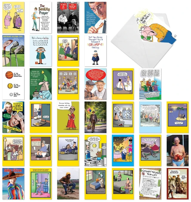 Main image of 36 Assorted Card Birthday Notecards for Men AC10616BDG-B1x36 Funny Celebration Note w/ Envelope for Guys Humor Bash Gift - Boxed Card Set
