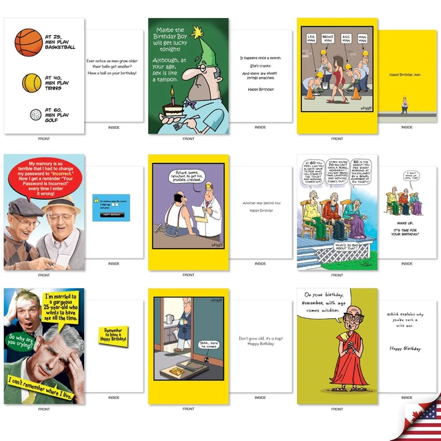 Alt view image 3 of 5 - 36 Assorted Card Birthday Notecards for Men AC10616BDG-B1x36 Funny Celebration Note w/ Envelope for Guys Humor Bash Gift - Boxed Card Set