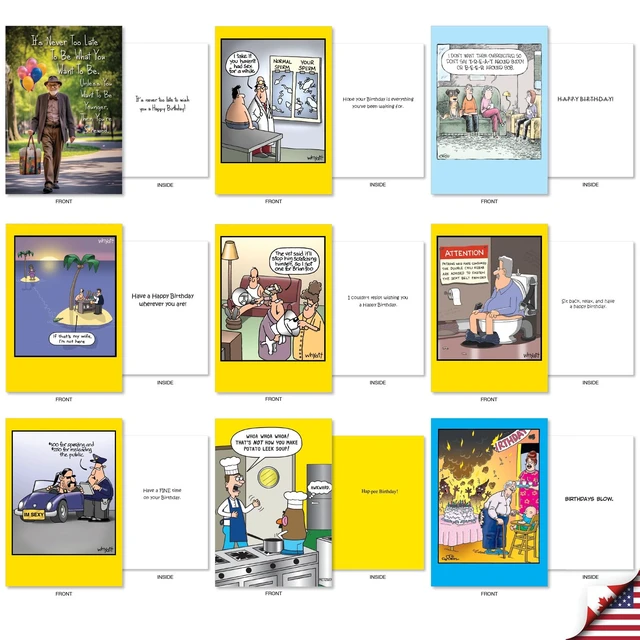 Alt view image 4 of 5 - 36 Assorted Card Birthday Notecards for Men AC10616BDG-B1x36 Funny Celebration Note w/ Envelope for Guys Humor Bash Gift - Boxed Card Set