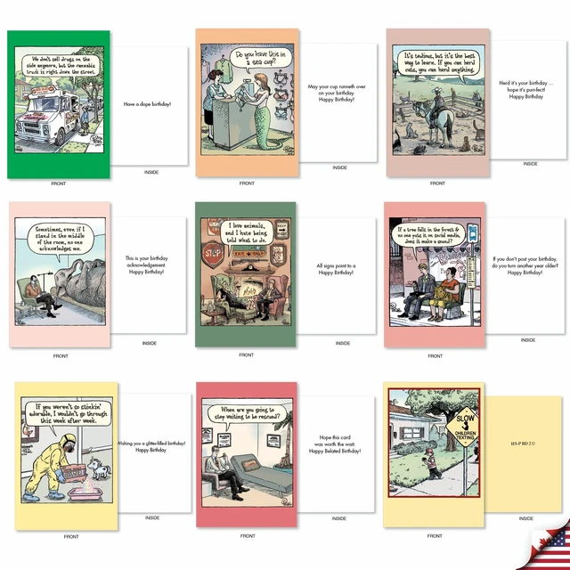 Alt view image 5 of 5 - 36 Funny Birthday Cards Box Bizarro Bash Piraro AC9376BDG-B1x36 Hilarious Cartoon Notecard Assortment w/ Envelopes for Men and Women Variety Pack Bday Greeting Stationery Set