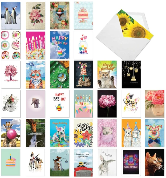 Main image of 36 Set Card Birthday Wildlife Notes w/Envelopes AC7744BDG-B1x36 Sweet Nature Animal Floral Themed Boxed Notecards for Celebrating Another Year of Life for Family & Friends