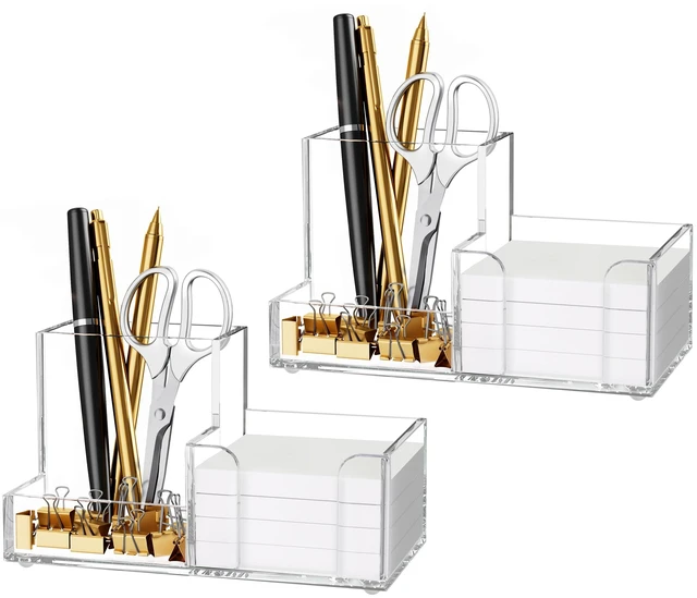 Main image of 2-Pack Acrylic Pen Holder for Desk, 3-Compartment Small Desk Organizer, Clear Office Supplies Desk Accessories with Sticky Notes Holder Stores Post It Notes 3X3 for Office, Home and School