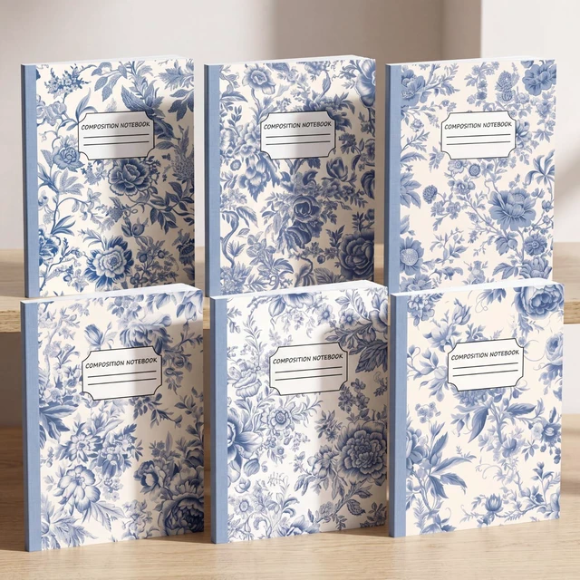 Main image of 6 Pack Composition Notebooks College Ruled Bulk Vintage Blue Flower Composition Notebook 110 Page 7-1/2" x 9-3/4" Journal Back to School Gift for Teacher Student Office First Day of School