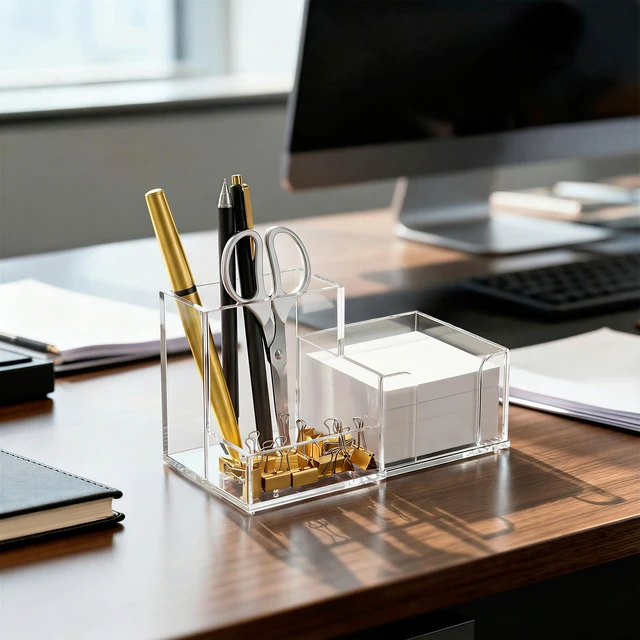 Alt view image 6 of 7 - 2-Pack Acrylic Pen Holder for Desk, 3-Compartment Small Desk Organizer, Clear Office Supplies Desk Accessories with Sticky Notes Holder Stores Post It Notes 3X3 for Office, Home and School