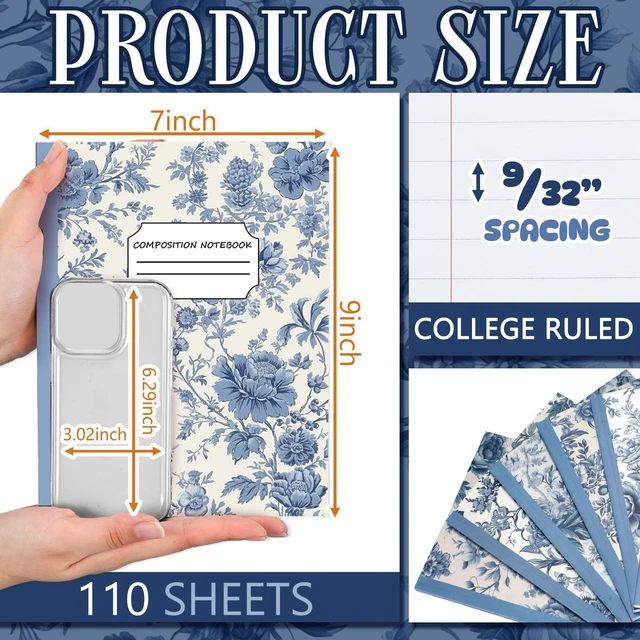 Alt view image 2 of 7 - 6 Pack Composition Notebooks College Ruled Bulk Vintage Blue Flower Composition Notebook 110 Page 7-1/2" x 9-3/4" Journal Back to School Gift for Teacher Student Office First Day of School