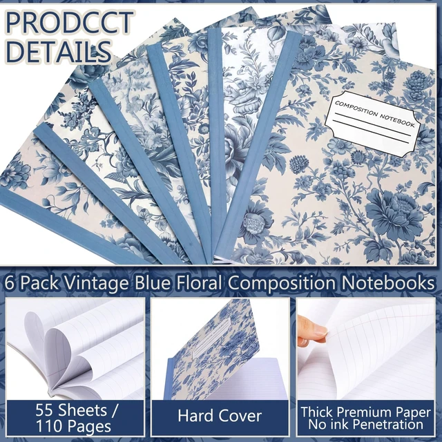 Alt view image 5 of 7 - 6 Pack Composition Notebooks College Ruled Bulk Vintage Blue Flower Composition Notebook 110 Page 7-1/2" x 9-3/4" Journal Back to School Gift for Teacher Student Office First Day of School
