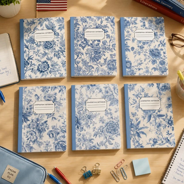 Alt view image 6 of 7 - 6 Pack Composition Notebooks College Ruled Bulk Vintage Blue Flower Composition Notebook 110 Page 7-1/2" x 9-3/4" Journal Back to School Gift for Teacher Student Office First Day of School