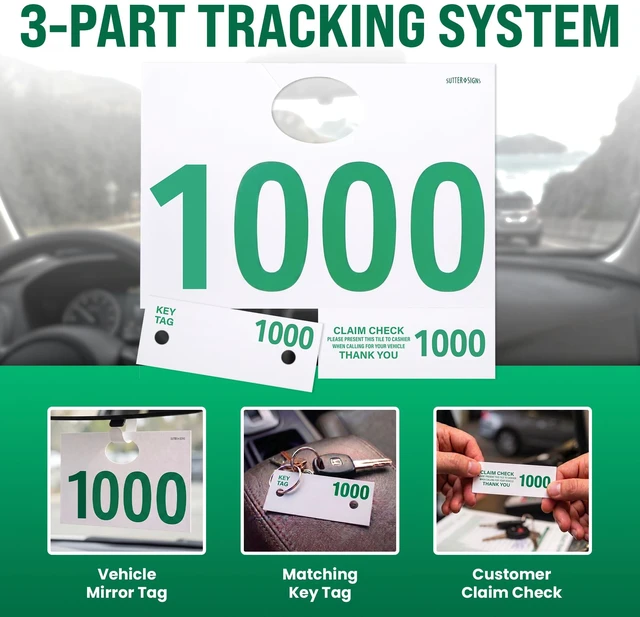Alt view image 3 of 7 - Automotive Service Tag Numbers Dispatch Numbers (1000-1999) Red Green Service Auto Dealer Vehicle Repair Mirror Hang Tags - 2-Sided Tracking System Signs