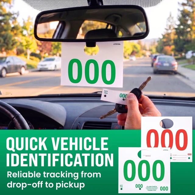 Alt view image 4 of 7 - Automotive Service Tag Numbers Dispatch Numbers (000-999) Red Green Service Auto Dealer Vehicle Repair Mirror Hang Tags - 2-Sided Tracking System Signs