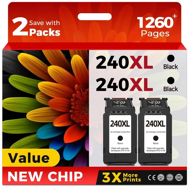Main image of 240XL Black Ink Cartridge Replacement for Canon PG-240 XL PG240 2 Pack Work with MG3620 MG3600 MG4120 MG3520 TS5120 TS5100 MG3222 MG3220 MG3140 MG3120 MG3122 MG2120 MG2220 Printer Black