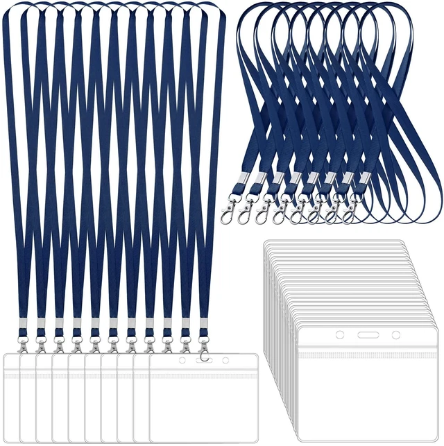 Main image of 100 Pack Lanyards for ID Badges with Clear Name Tags, Reusable Lanyards Horizontal ID Card Badge Holders Plastic Name Badges for Men Women Kids Business School and Office Supplies (Dark Blue)