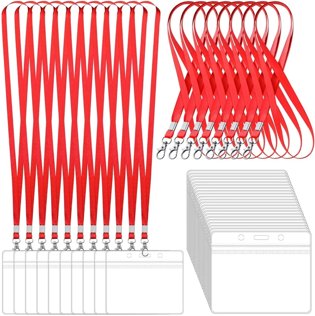 Main image of 100 Pack Lanyards for ID Badges with Clear Name Tags, Reusable Lanyards Horizontal ID Card Badge Holders Plastic Name Badges for Men Women Kids Business School and Office Supplies (Red)