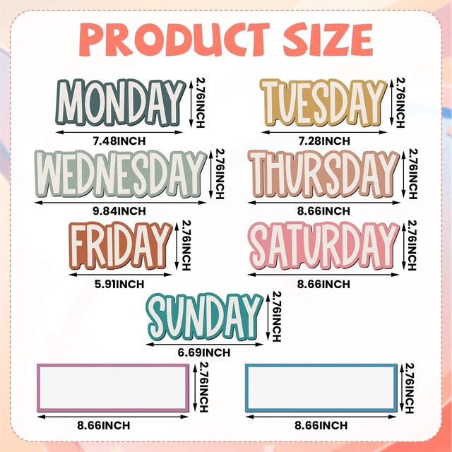 Alt view image 2 of 7 - 9 Pcs Days of the Week Magnets for Whiteboard Calendar,Boho Colorful Magnetic Weekday Tags for Classroom Fridge Locker, Includes 7 Day Cards with 2 Blank Frames, Reusable Planning Decor