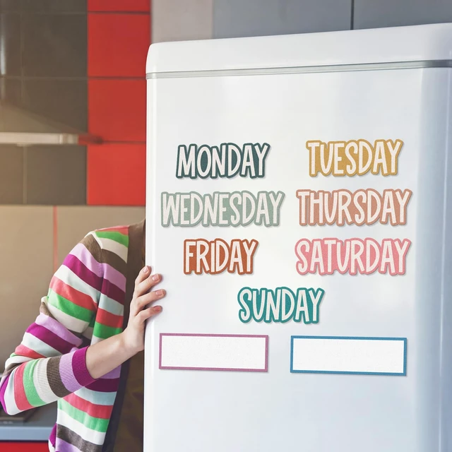 Alt view image 3 of 7 - 9 Pcs Days of the Week Magnets for Whiteboard Calendar,Boho Colorful Magnetic Weekday Tags for Classroom Fridge Locker, Includes 7 Day Cards with 2 Blank Frames, Reusable Planning Decor