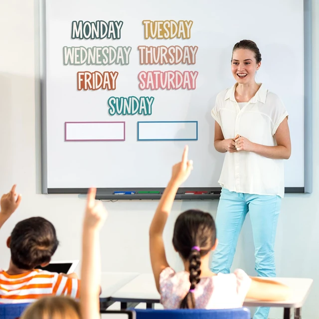 Alt view image 6 of 7 - 9 Pcs Days of the Week Magnets for Whiteboard Calendar,Boho Colorful Magnetic Weekday Tags for Classroom Fridge Locker, Includes 7 Day Cards with 2 Blank Frames, Reusable Planning Decor