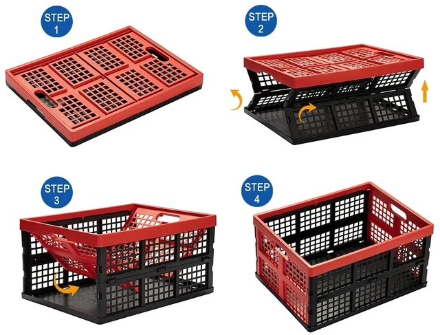 Alt view image 3 of 7 - 34L Large Plastic Folding Storage Crates,Collapsible Crates for Storage,Pack of 3 (Black+Red)
