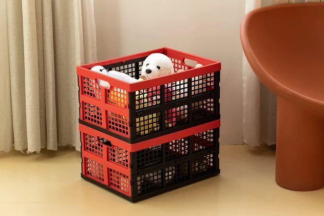 Alt view image 6 of 7 - 34L Large Plastic Folding Storage Crates,Collapsible Crates for Storage,Pack of 3 (Black+Red)