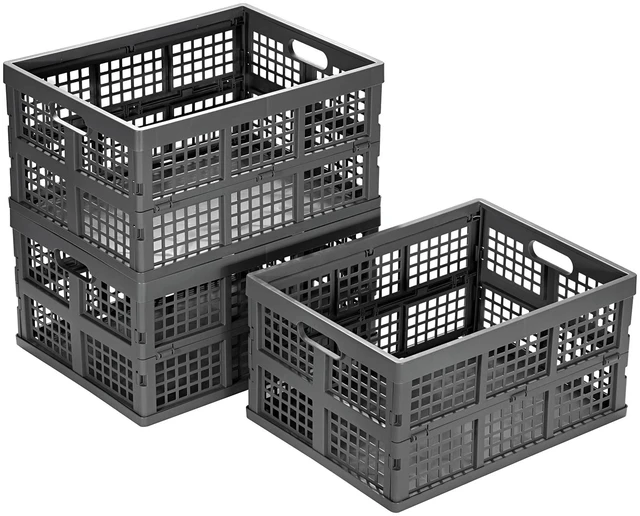 Main image of 34L Large Plastic Folding Storage Crates,Collapsible Crates for Storage,Pack of 3 (Grey)