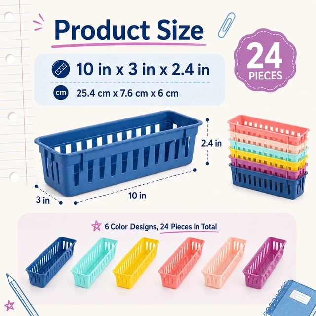 Alt view image 2 of 7 - 24 pcs Bright Pencil Basket Dispenser for Classroom Pencil Holder for Desk Kids Small Plastic Pen Crayon Basket Tray Classroom Storage Caddy Organizer for Student Teacher School Supplies Office