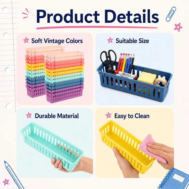 Alt view image 3 of 7 - 24 pcs Bright Pencil Basket Dispenser for Classroom Pencil Holder for Desk Kids Small Plastic Pen Crayon Basket Tray Classroom Storage Caddy Organizer for Student Teacher School Supplies Office