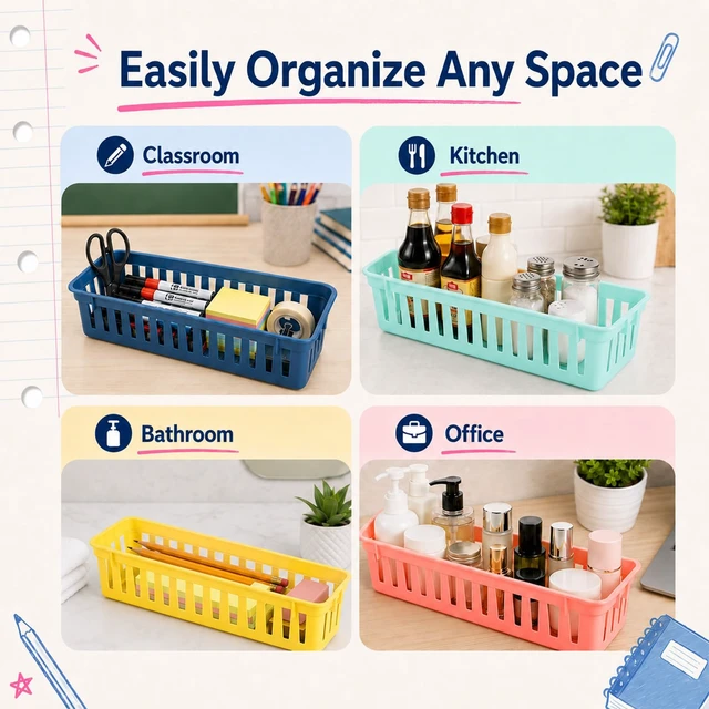 Alt view image 5 of 7 - 24 pcs Bright Pencil Basket Dispenser for Classroom Pencil Holder for Desk Kids Small Plastic Pen Crayon Basket Tray Classroom Storage Caddy Organizer for Student Teacher School Supplies Office