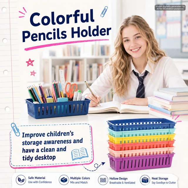 Alt view image 7 of 7 - 24 pcs Bright Pencil Basket Dispenser for Classroom Pencil Holder for Desk Kids Small Plastic Pen Crayon Basket Tray Classroom Storage Caddy Organizer for Student Teacher School Supplies Office