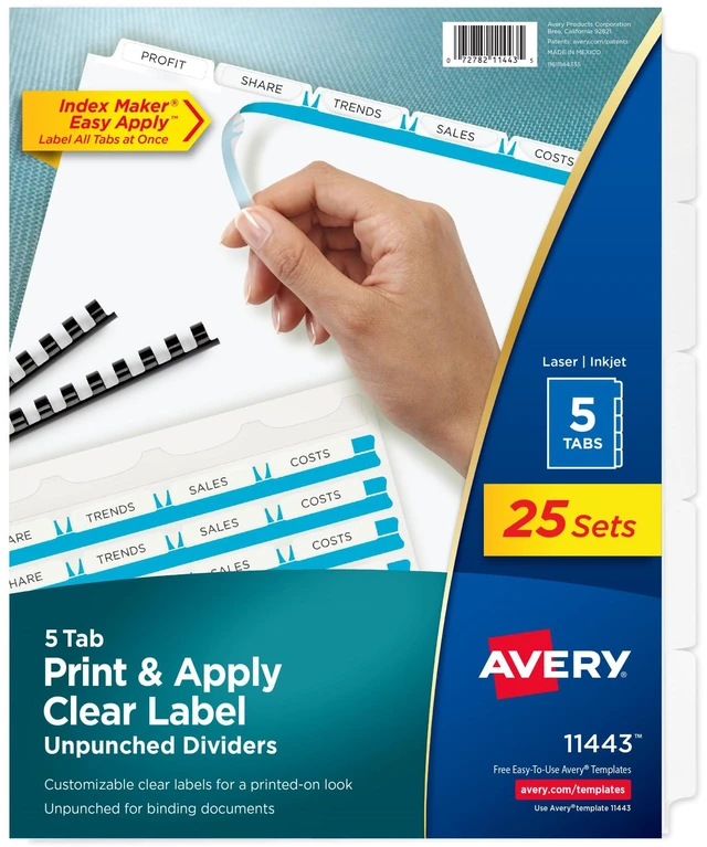 Main image of ® Index Maker® Clear Label Dividers, 5-Tab, Unpunched, 25 Sets For Organizing Reports and Presentations, White Laser and Inkjet, Reinforced Tear-Resistant Edges, Any Binding System