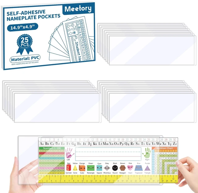Main image of 25 PCS 14.9"x4.9" Clear Reusable Nameplate Pocket Upgraded Thickened Material Self-Adhesive Desk Name Tag- Covers for School Classroom Desk, Office Supplies, NOT Include Name Tags
