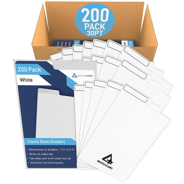 Main image of White Comic Book Dividers (200 Pack) Plastic Dividers, Comic Box Divider, Book Shelf Dividers, Dividers for Bins, Shelves, and Cabinets, Book Dividers for Shelves, Comic Dividers