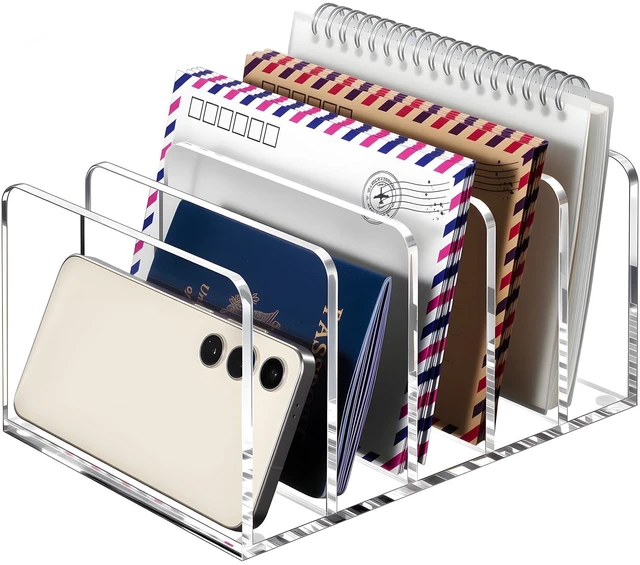 Main image of Acrylic Mail Holder, 5 Compartments Multifunction Desk Organizer Clear Vertical Letter Sorter with Dividers, Modern Office & Home Storage for Documents, Notebooks & Folders