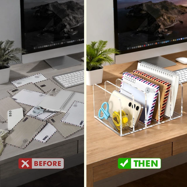 Alt view image 4 of 7 - Acrylic Mail Holder, 5 Compartments Multifunction Desk Organizer Clear Vertical Letter Sorter with Dividers, Modern Office & Home Storage for Documents, Notebooks & Folders
